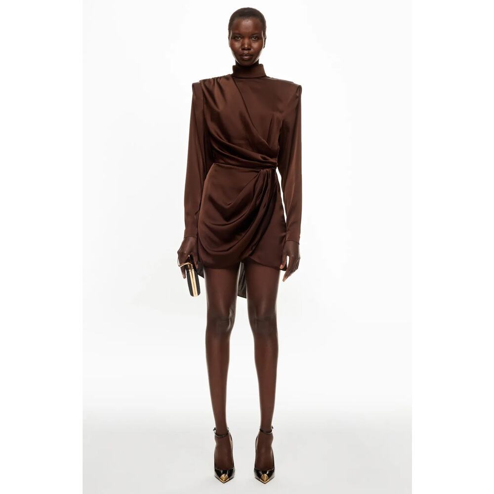 Ronny Kobo Collection Brown Satin Draped Mini Dress